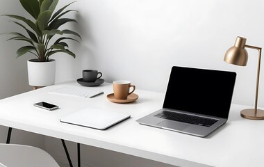 Obraz premium A clean, modern desk setup with a laptop, coffee cup, and minimal décor in the bottom left corner. The rest of the image is white space, perfect for text.
