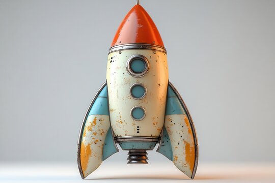 whimsical 3d rendered space rocket vibrant colors playful design with exaggerated proportions white background highlights details nostalgic yet futuristic feel