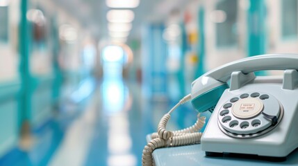 Vintage Rotary Phone in Hospital Corridor: A retro rotary phone sits on a table in a sterile hospital hallway, its white and blue color contrasting with the cool, clinical setting. The blurred backgro