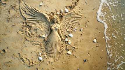 An aerial view of a detailed sand angel carved into a smooth, golden beach, with shells and small stones as accents.