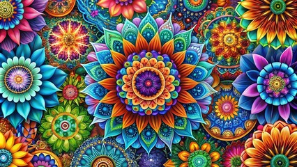 Vibrant, eclectic digital art featuring abstract florals, mandalas, and geometric patterns in bold colors, perfect for