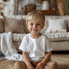 Fototapeta premium Golden Boy, Cozy Home: A blond toddler with captivating blue eyes beams from his comfy perch on a boho-chic rug, radiating pure childhood joy. 