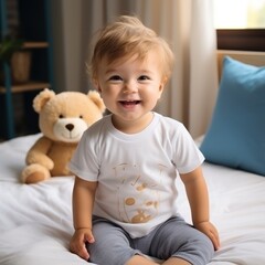 Fototapeta premium Pure Joy in a Soft World: A baby's infectious laughter lights up the room as he sits on a bed with his teddy bear, the epitome of childhood innocence and happiness. 