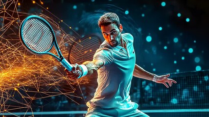 A young Caucasian man in white tennis attire is playing tennis at night. He is intensely focused, striking the ball with his racket. The background features vibrant, dynamic digital effects adding a - Powered by Adobe