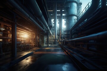 Obraz premium Industrial Labyrinth: A maze of pipes and steel bathed in the warm glow of sunset at an imposing factory. 