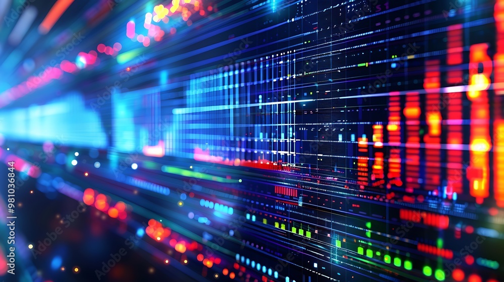 Poster abstract digital network with colorful lights and lines, illustrating the complexity and interconnec
