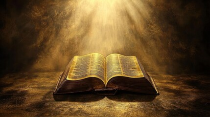 An open holy book with rays of light shining on it.