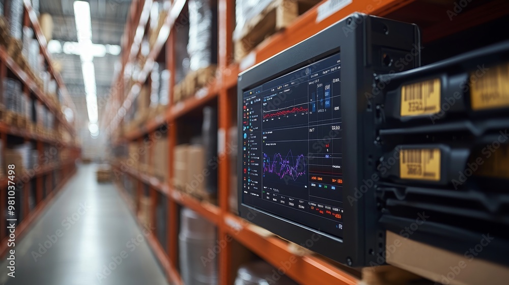 Poster detailed display board of automated mobile robot interface in a busy warehouse setting