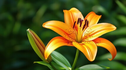 Obraz premium Orange Lily. Large Single Flower in Vibrant Orange Color with Green Leaves