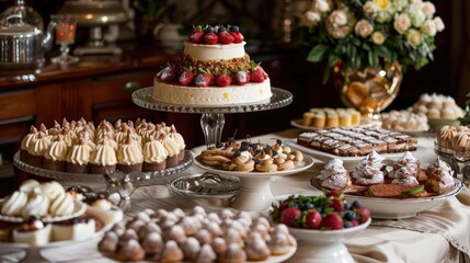 Italian dessert table featuring tiramisu, cannoli, and panna cotta.