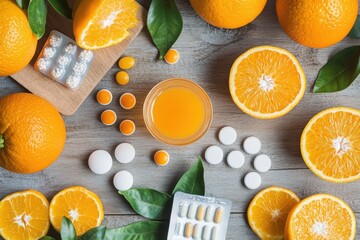 Orange Vitamin C. Fresh Orange Juice with Vitamin C for Healthy Living Arrangement on Wooden Background