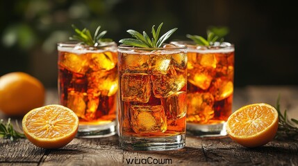 Refreshing orange beverages with ice and rosemary garnishes set against a rustic background in warm lighting during a summer afternoon