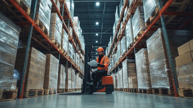 warehouse forklift operator verifying document showing cargo handling and supply chain management concept