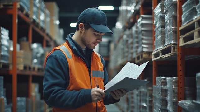 warehouse forklift operator verifying document showing cargo handling and supply chain management concept