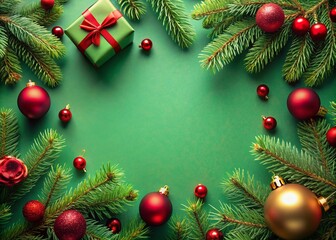 Vibrant green background with fir tree branches, red ornaments, and colorful gifts, featuring a blank space for adding festive holiday text, in stunning 8k resolution.