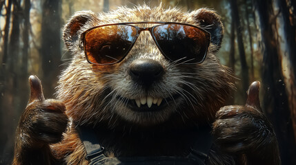 A cheerful beaver in sunglasses giving a thumbs up, perfect for summer adventure promotions and nature-themed events.