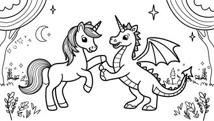 Each page presents a unique scene, from a unicorn prancing under a rainbow to a dragon playing with a butterfly, ensuring hours of coloring entertainment.