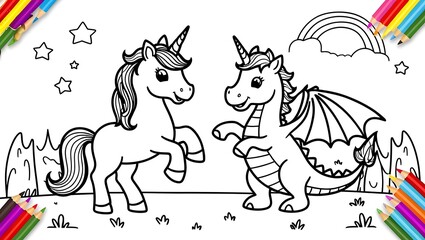 Each page presents a unique scene, from a unicorn prancing under a rainbow to a dragon playing with a butterfly, ensuring hours of coloring entertainment.