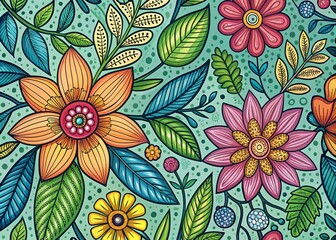 Vibrant, intricately detailed floral vector illustration featuring interlocking petals, leaves, and stems in a