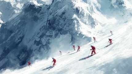 extreme skiers are enjoying a beautiful sunny day going down a snowy mountain. The fresh powder snow is blowing up behind them as they make their way down the mountain. Winter sports