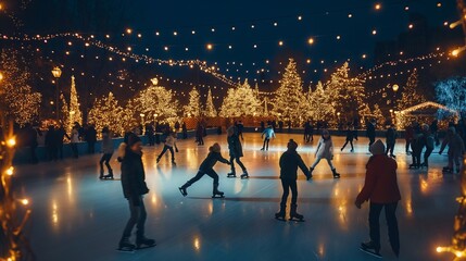 Families and friends gather at the outdoor skating rink to celebrate Christmas, skating on the ice by twinkling lights, memories of togetherness and fun on a festive winter night. gliding on ice