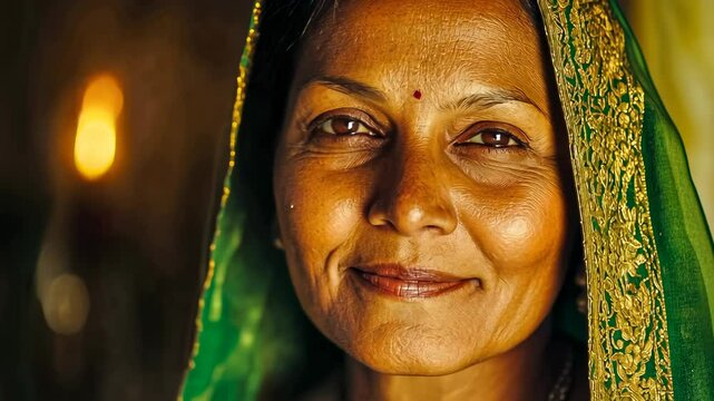 An Indian woman, about middle-aged, smiles warmly in a dimly lit setting. She wears traditional green attire, with a bindi on her forehead. The ambient light adds a serene mood, highlighting her