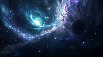 Obraz premium A stunning cosmic scene showcasing swirling galaxies and a distant planet in a vibrant, star-filled universe.