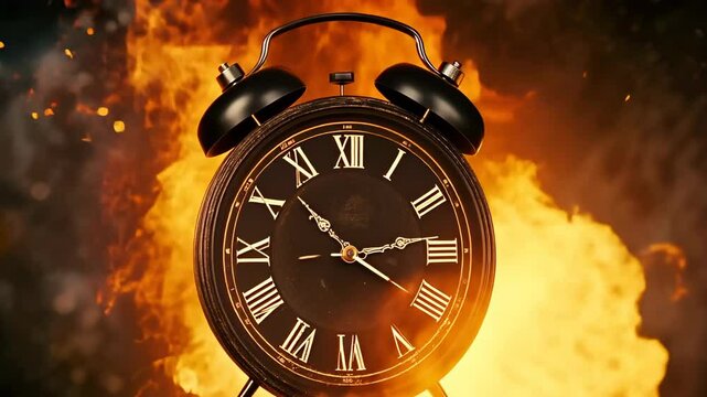 An antique clock with Roman numerals is engulfed in bright flames, suggesting urgency or catastrophe. The fiery backdrop adds intense drama and a sense of immediacy, evoking strong emotions of crisis.