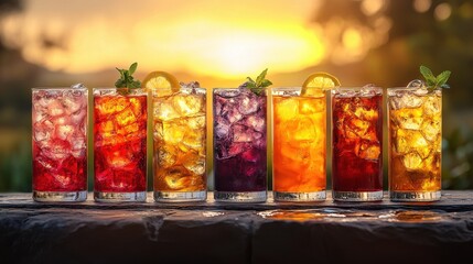 Colorful iced beverages lined up against a vibrant sunset in a serene outdoor setting during warm summer evening
