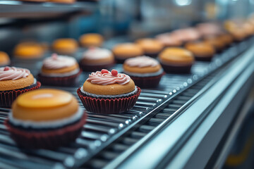 Cupcakes On Conveyor Belt In Modern Bakery, Freshly Baked Desserts Production, Factory Environment Concept