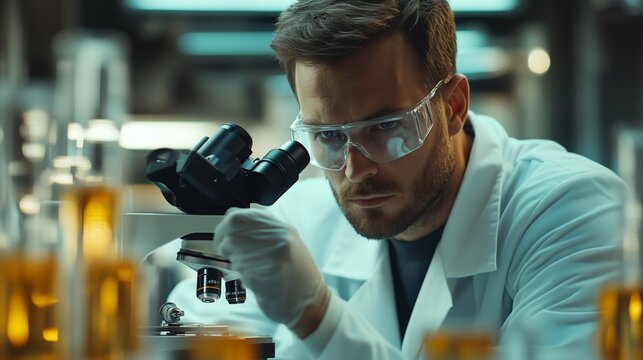 A scientist in a lab coat using a microscope to study cells under glassware, with a laboratory background - Powered by Adobe