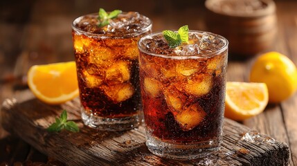 Refreshing glasses of iced soda with lemon slices and mint leaves on a rustic wooden table during a warm summer afternoon