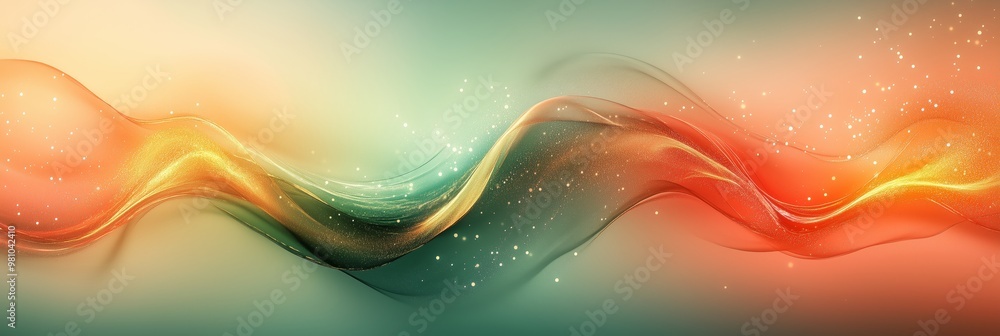 Poster abstract background with colorful waves in green and red colors, fluid shapes with flowing lines and
