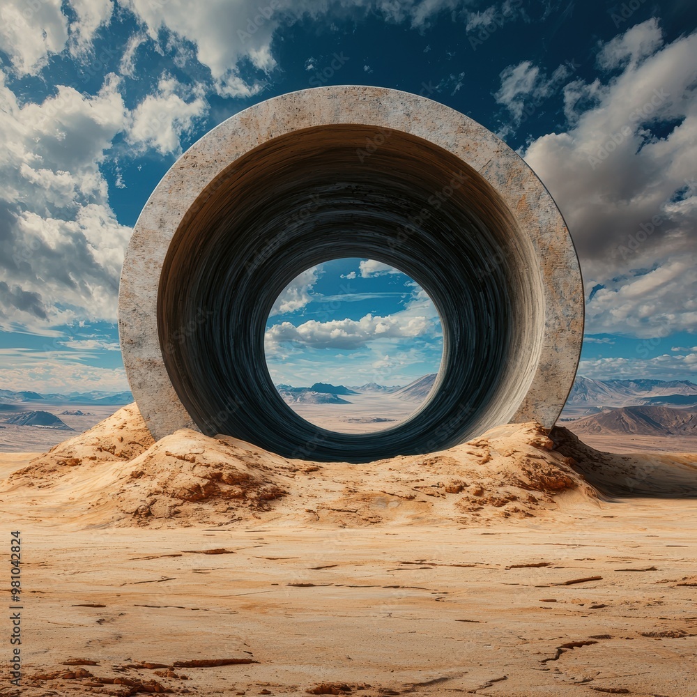 Poster surreal landscape with circular concrete structure