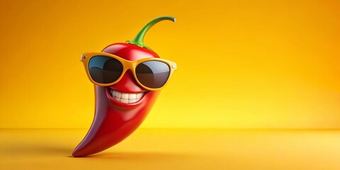 Vibrant, whimsical illustration of a smiling cartoon chili pepper wearing sunglasses, radiating a playful, cheeky, and