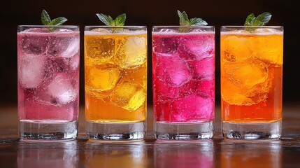 Colorful sparkling drinks served in glasses with ice and mint leaves at a festive gathering