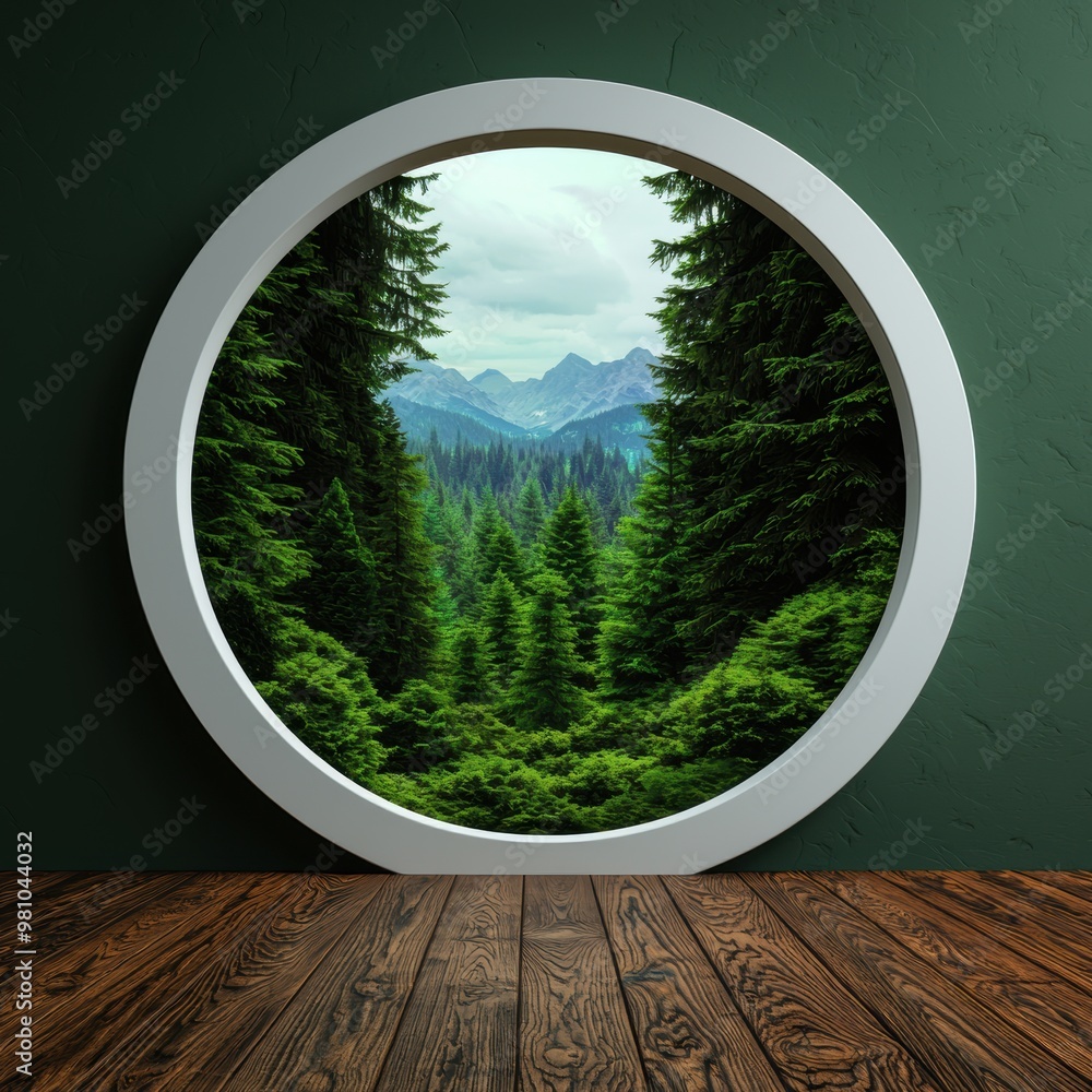Poster serene view of mountains through circular window frame