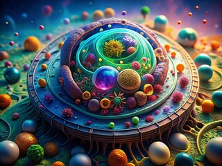 Naklejka premium Vibrant 3D illustration of a microscopic animal cell with colorful organelles and membrane, showcasing intricate