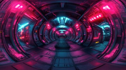 Neon Corridor in a Futuristic Spaceship