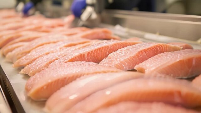 This Workers prepare fresh fish fillets for packaging in a seafood processing plant.