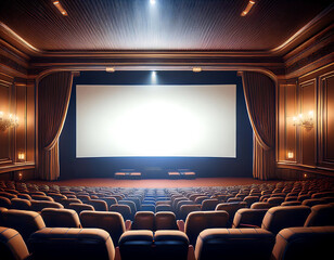 Fototapeta premium Cinema screen interior – A digitally created cinema interior with a white screen, symbolizi_1(78)
