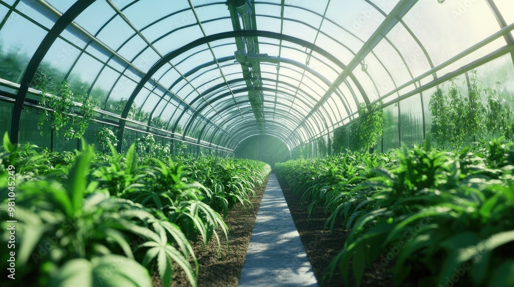 Poster automated greenhouses with climate control systems, optimizing crop yield and reducing resource use.