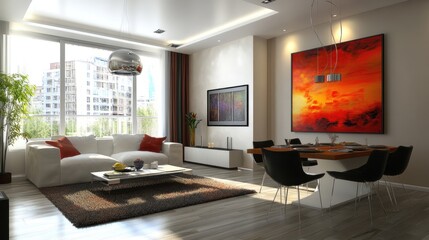 Modern Interior Design with Sunset Painting