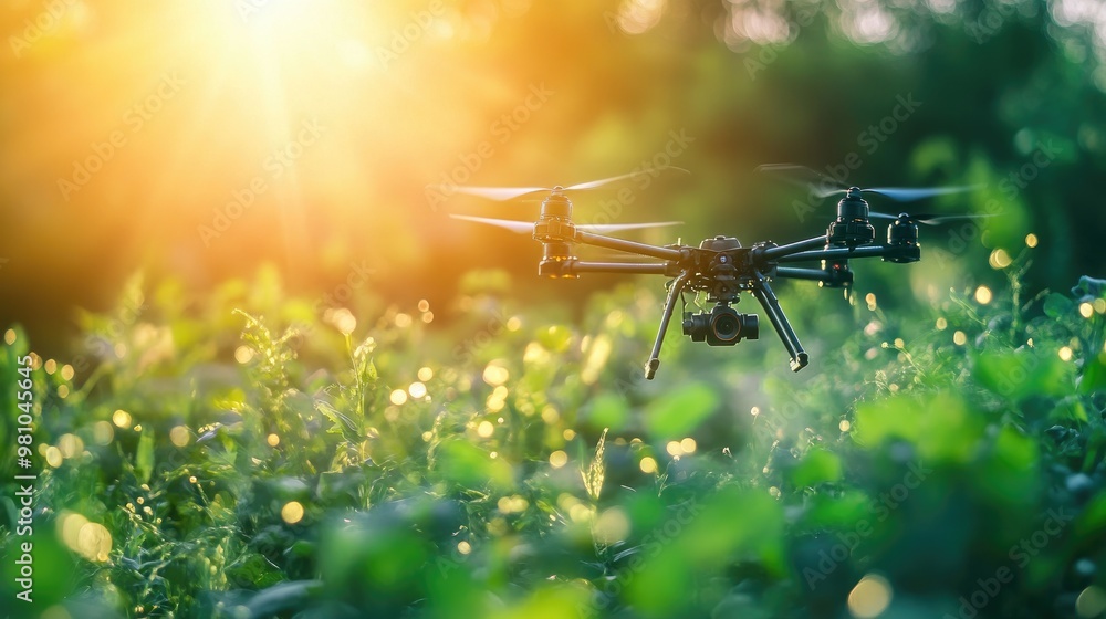 Poster close-up of a drone spraying crops with precision, using data analytics for targeted pest control.