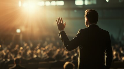 Fototapeta premium A businessman raising his hand to ask questions during a business event, with a group of people sitting in the conference hall and watching him from the back. 