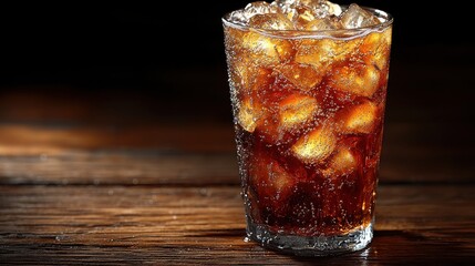 A glass filled with ice-cold cola stands on a wooden table, reflecting warm light during a cozy evening gathering