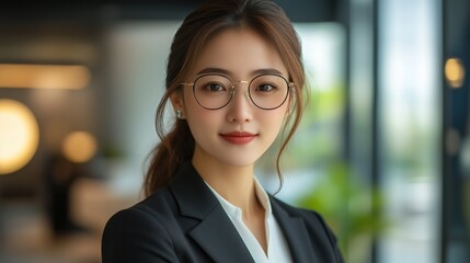 Naklejka premium A Chinese female real estate agent wearing glasses and a suit standing in the office with bright lighting, looking at the camera with a confident smile
