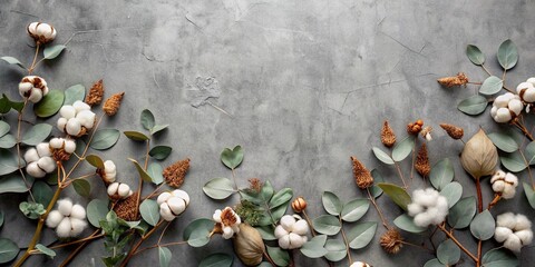 Fototapeta premium Elegant autumnal border composed of eucalyptus branches, delicate cotton flowers, and rustic dried leaves, artfully arranged on a soft gray background in a flat lay style.