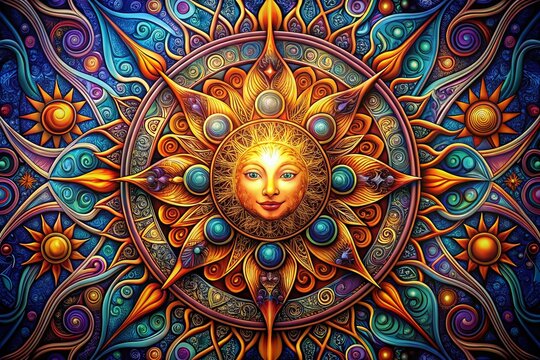 Vibrant abstract illustration of a stylized sun symbol, adorned with intricate, swirling patterns and sacred geometric
