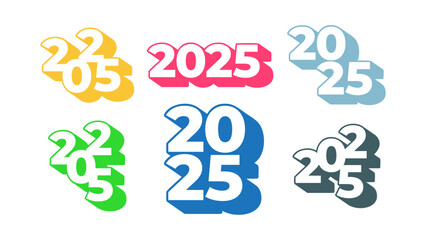 2025 Year festive set. New Year 2025 holiday graphic templates. Long shadow. Vector illustration.